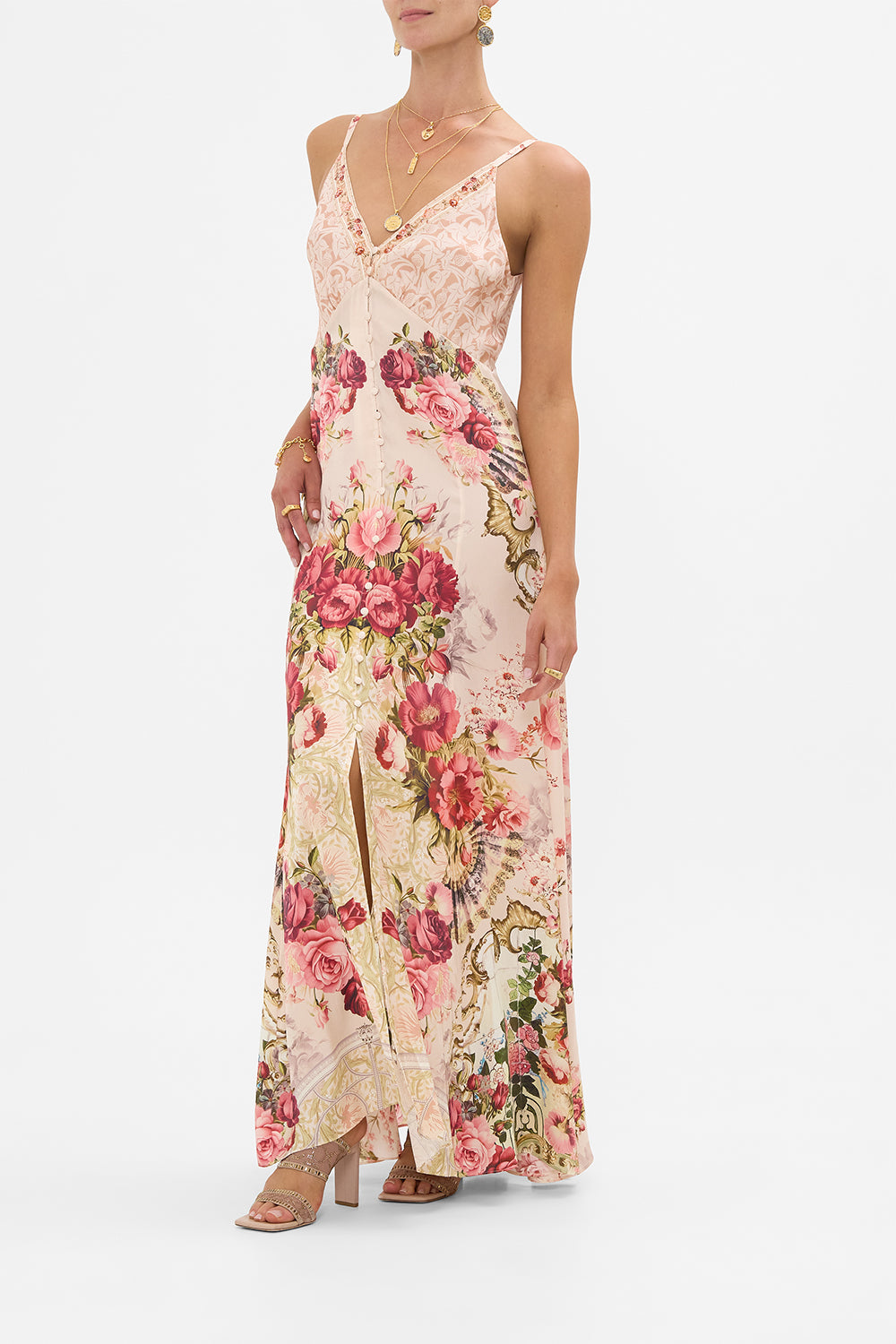 The CAMILLA Button Front Strappy Dress in our Meet Me At The Majestic print.