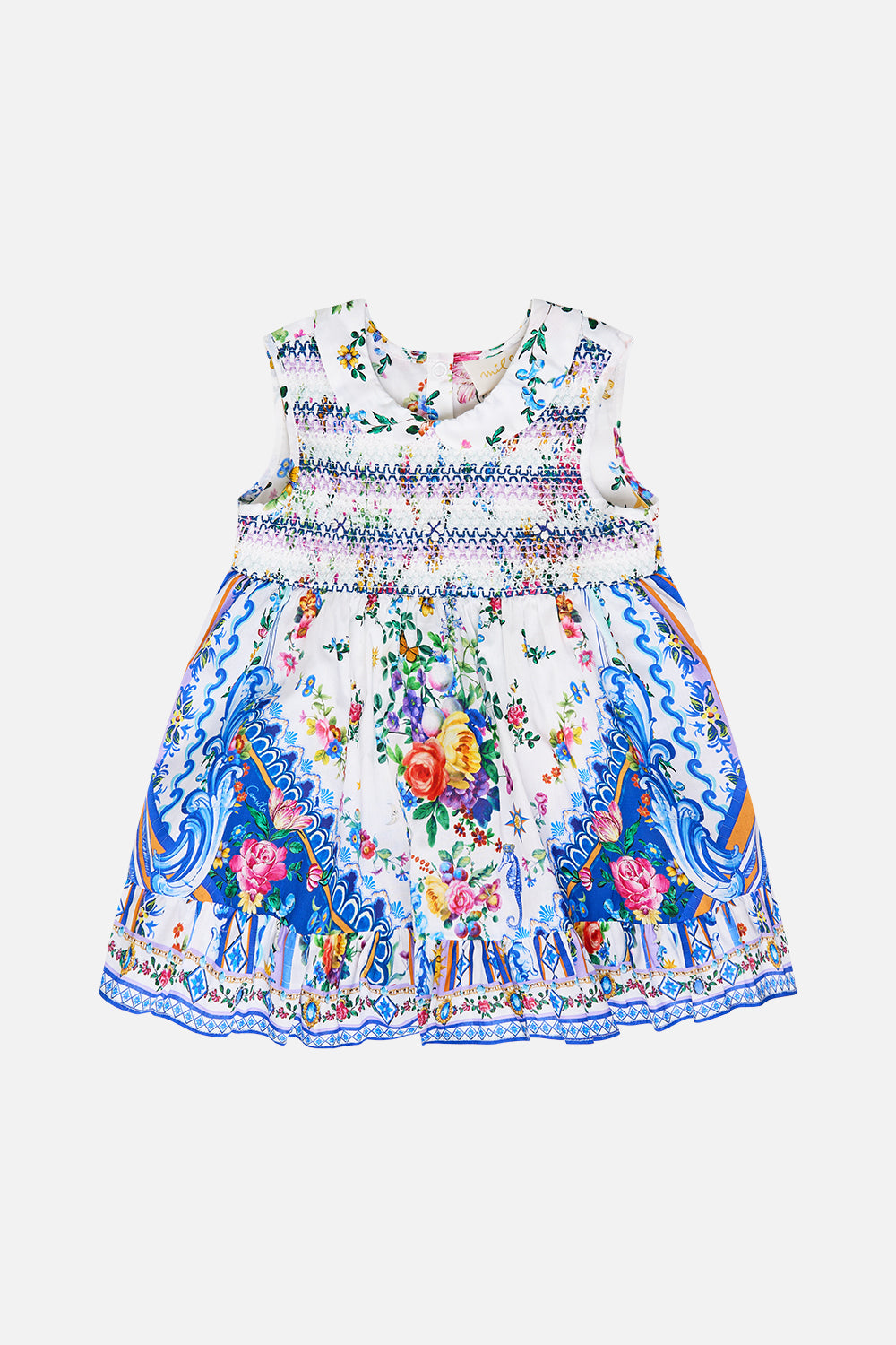 The CAMILLA Babies Shirred Dress With Peter Pan Collar in our Tiles Darls print.