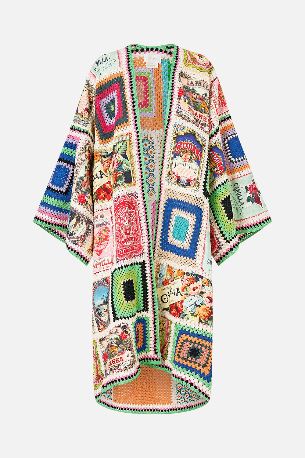 The CAMILLA Crochet Patched Kimono Coat in our Soap Opera print.
