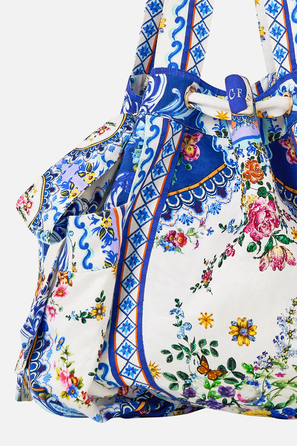 The CAMILLA Drawstring Bow Beach Bag in our Tiles Darls print.