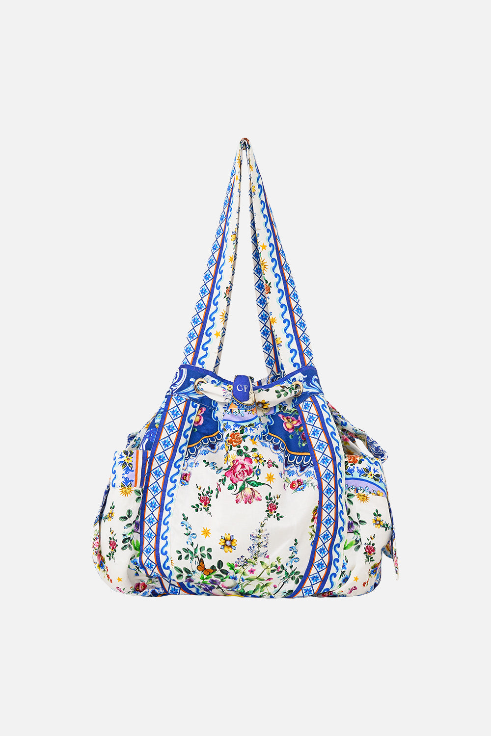 The CAMILLA Drawstring Bow Beach Bag in our Tiles Darls print.