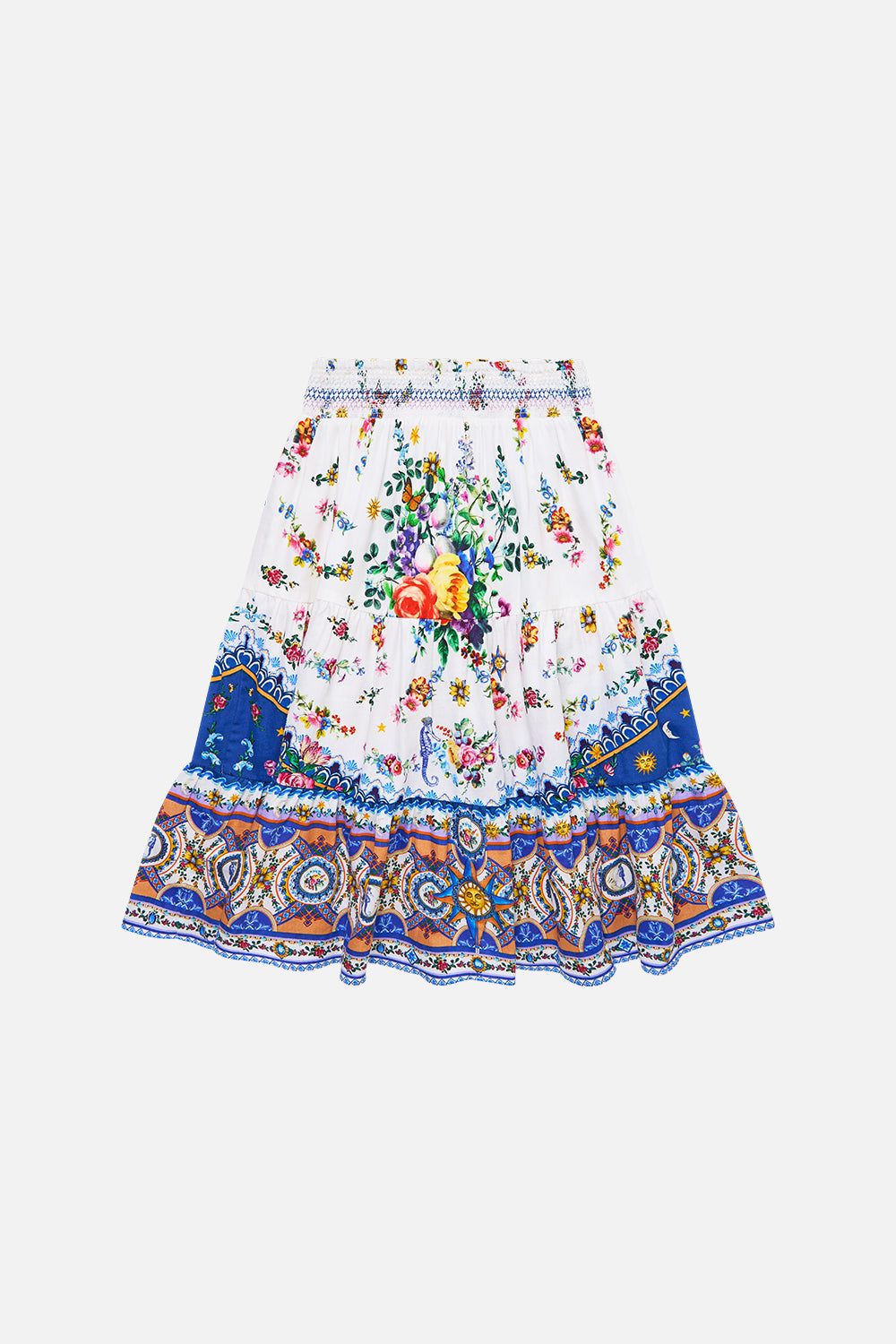 The CAMILLA Kids Convertible Shirred Maxi Skirt 4-10 in our Tiles Darls print.
