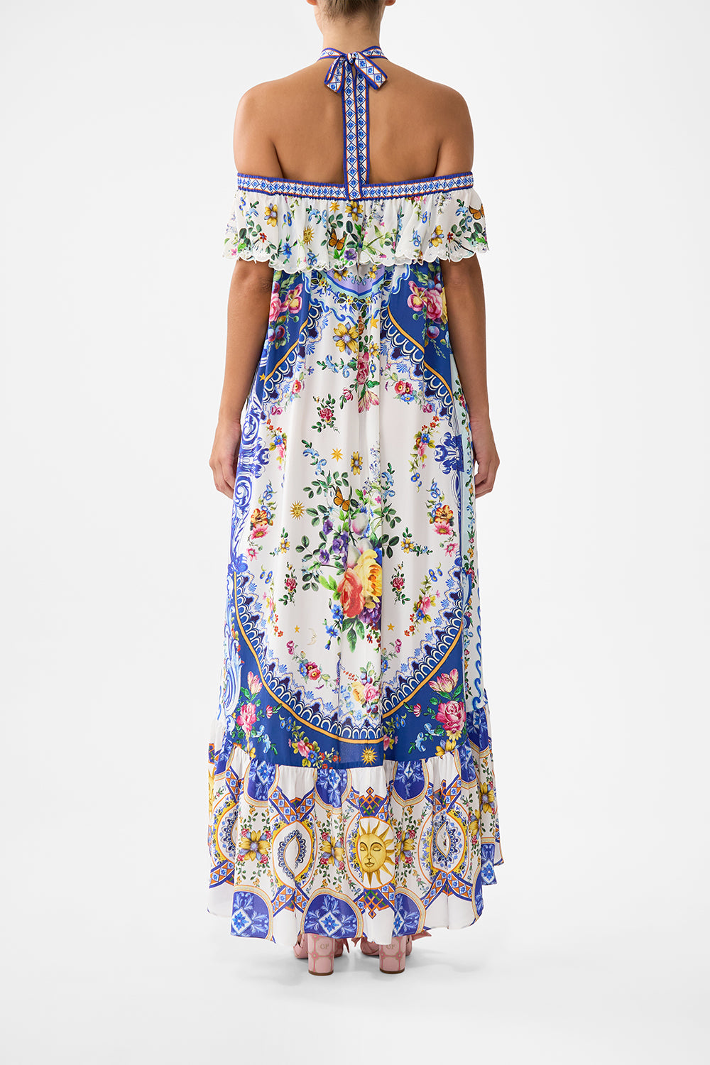 The CAMILLA Off Shoulder Shaped Hem Dress in our Tiles Darls print.