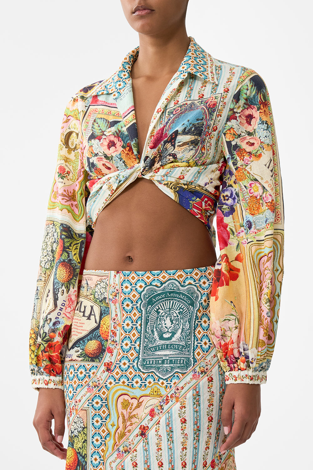 The CAMILLA Cropped Wrap Shirt in our Soap Opera print.