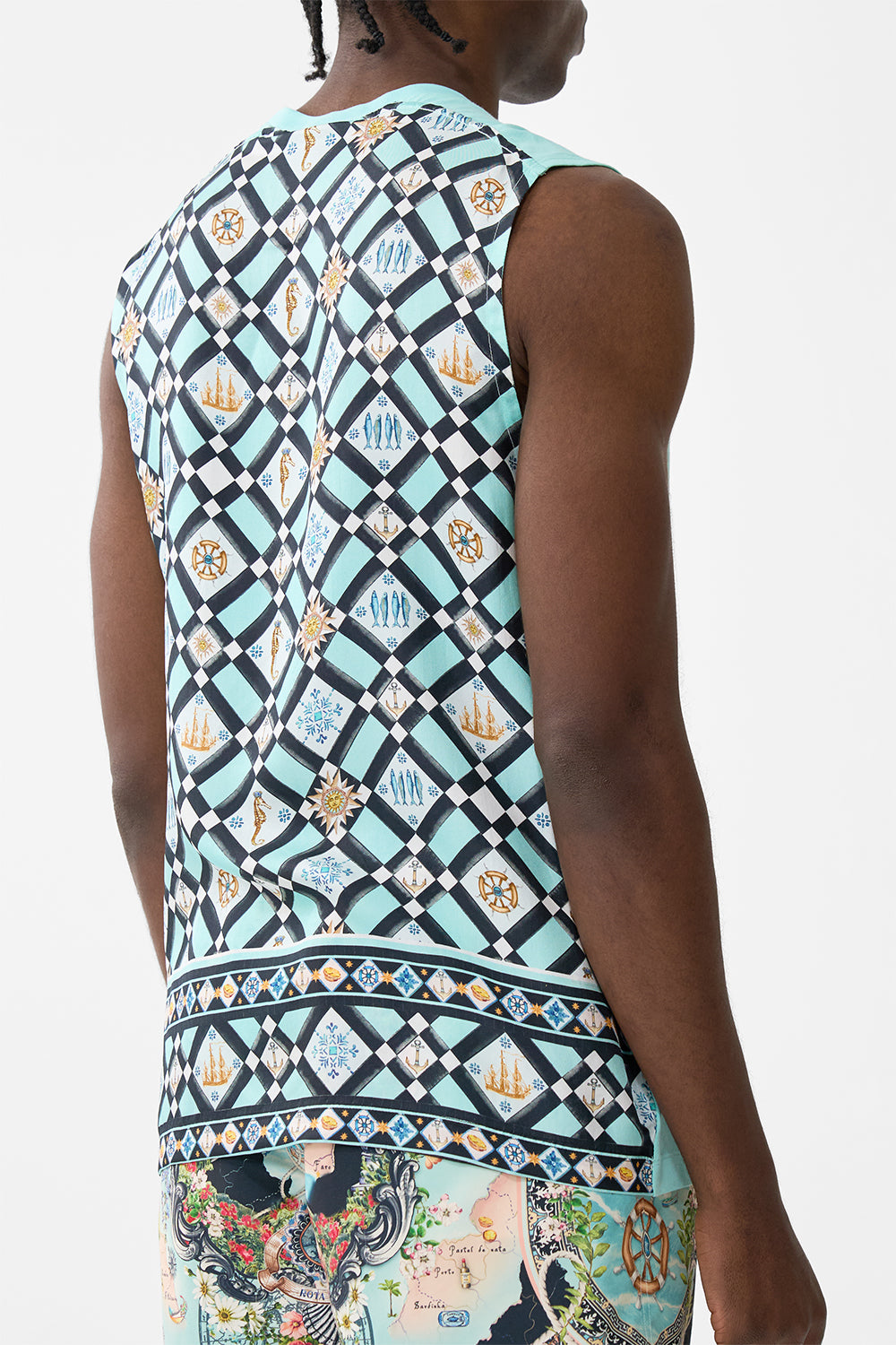 The CAMILLA Relaxed Fit Tank With Silk Contrast Back in our Folk Afloat print.