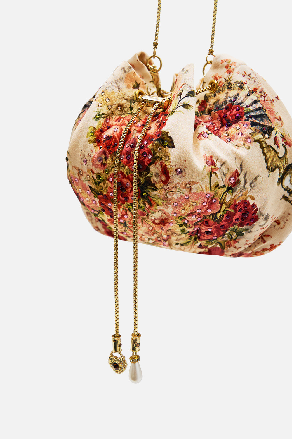 The CAMILLA Drawstring Pouch Bag With Chain Strap in our Meet Me At The Majestic print.