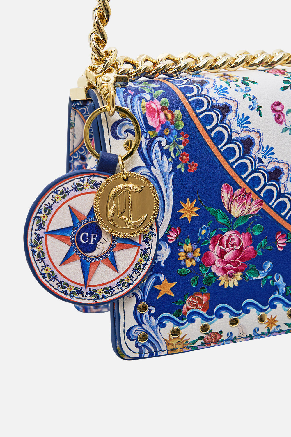 The CAMILLA Crossbody Box Bag With Chain And Keyring in our Tiles Darls print.