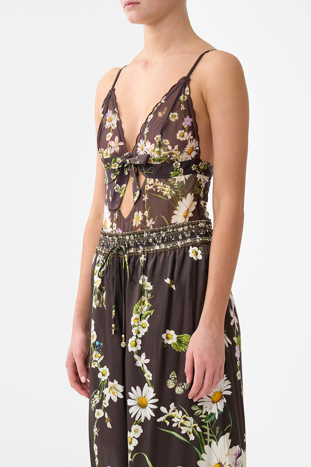 The CAMILLA Scalloped Edge Tri Bodysuit With Bow Front in our Dish It, Daisy print.