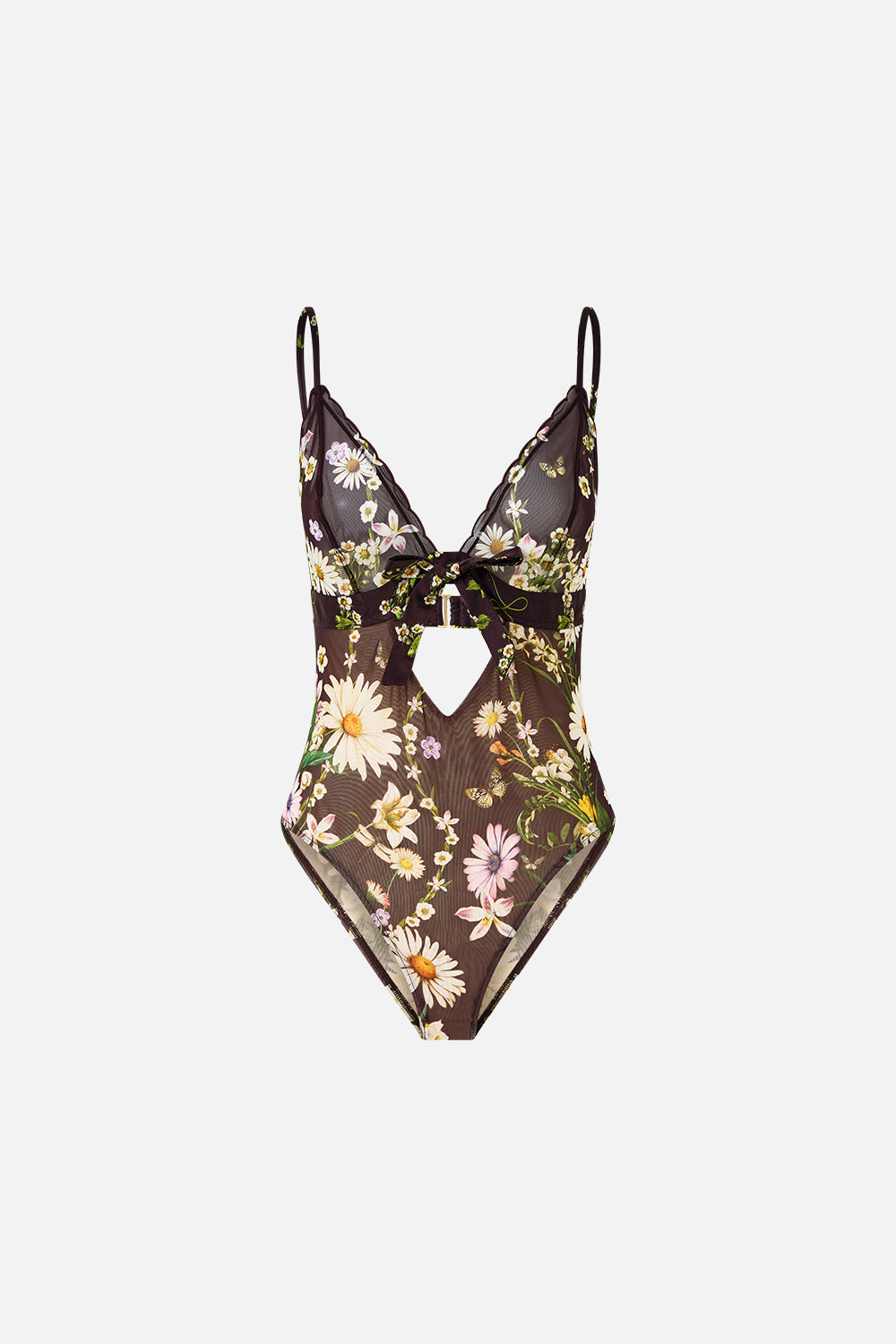 The CAMILLA Scalloped Edge Tri Bodysuit With Bow Front in our Dish It, Daisy print.