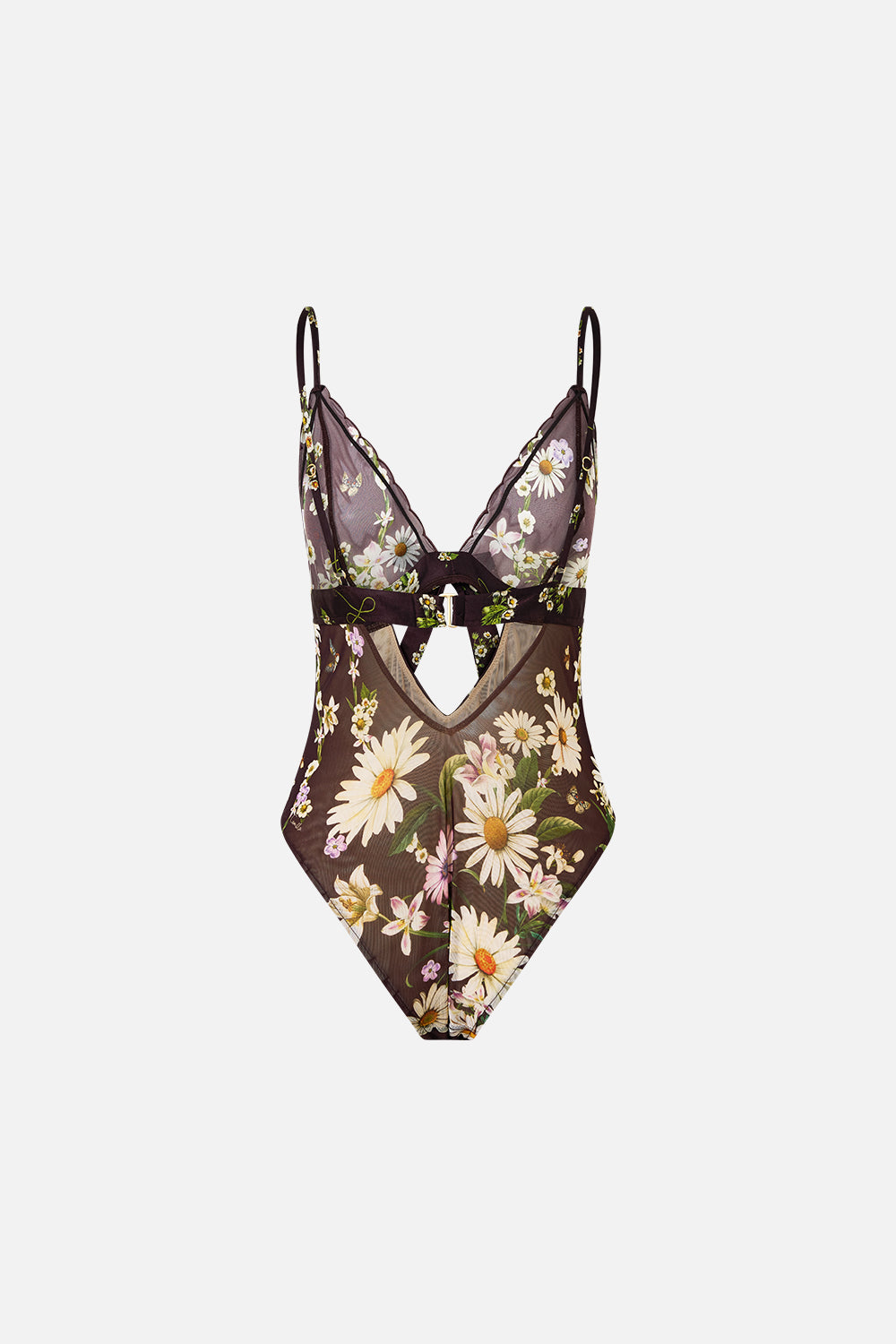 The CAMILLA Scalloped Edge Tri Bodysuit With Bow Front in our Dish It, Daisy print.