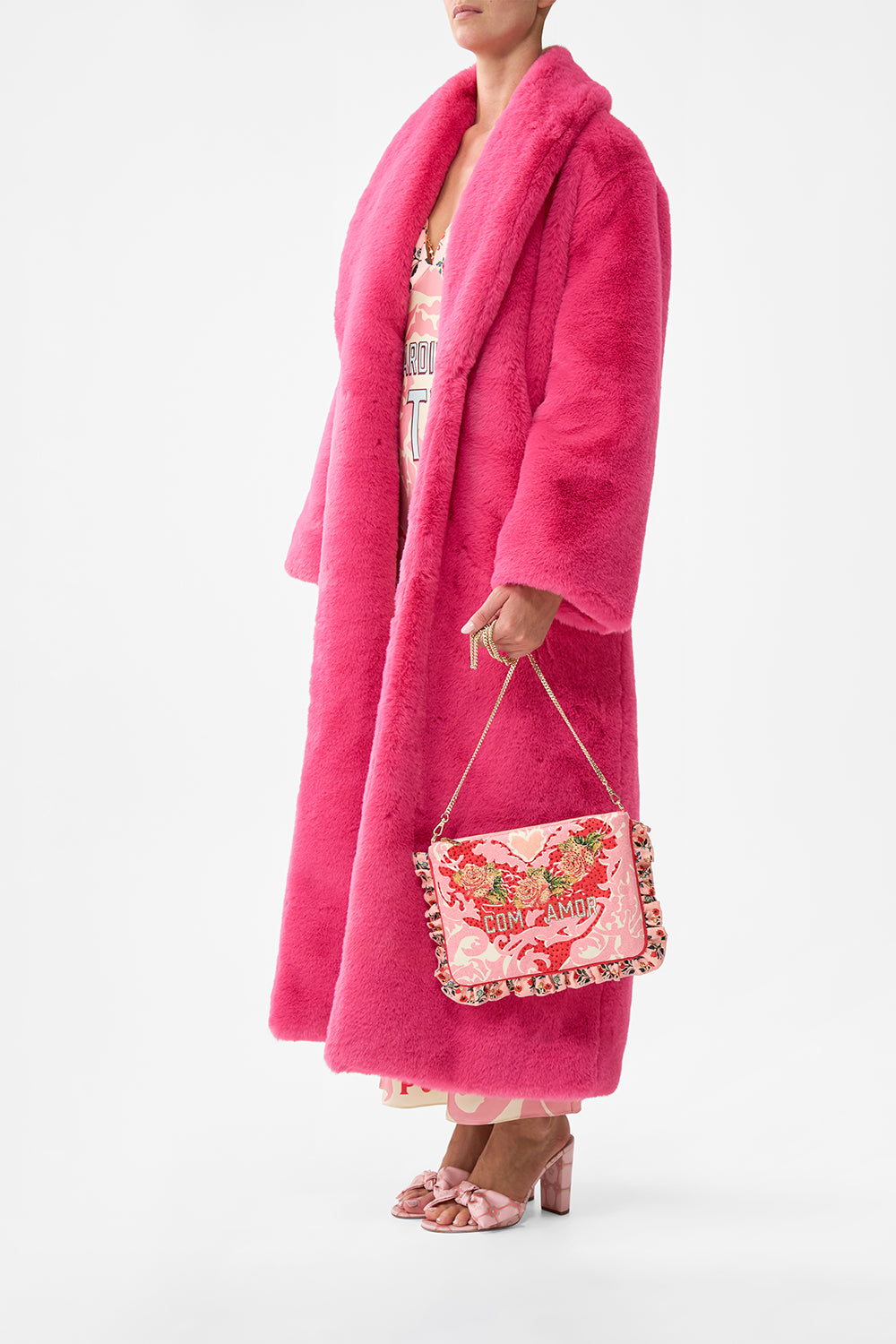 The CAMILLA Frill Edge Crossbody Bag With Chain Strap in our Pink Porto print.