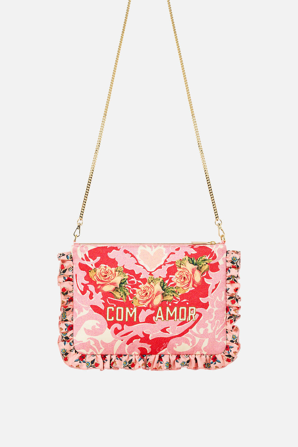 The CAMILLA Frill Edge Crossbody Bag With Chain Strap in our Pink Porto print.