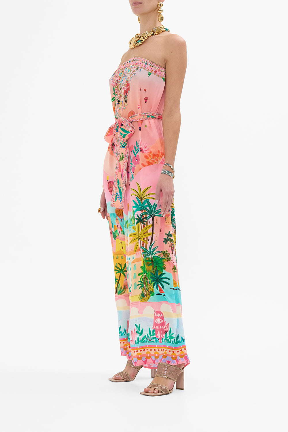 CAMILLA Tie Waist Strapless Jumpsuit in Sister Sunset print. 