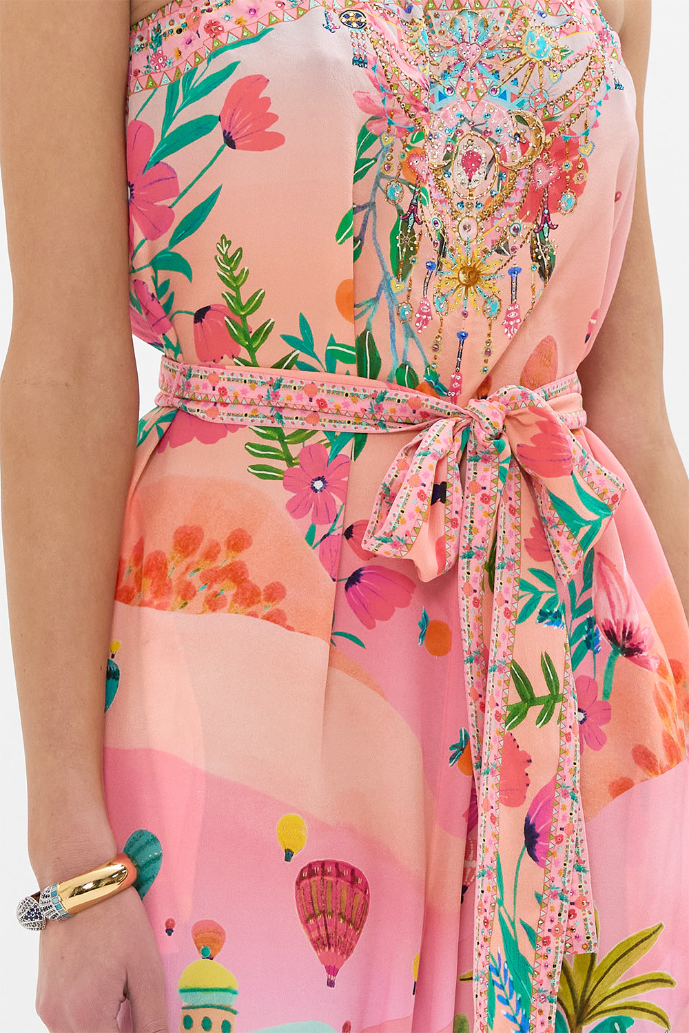 CAMILLA Tie Waist Strapless Jumpsuit in Sister Sunset print. 