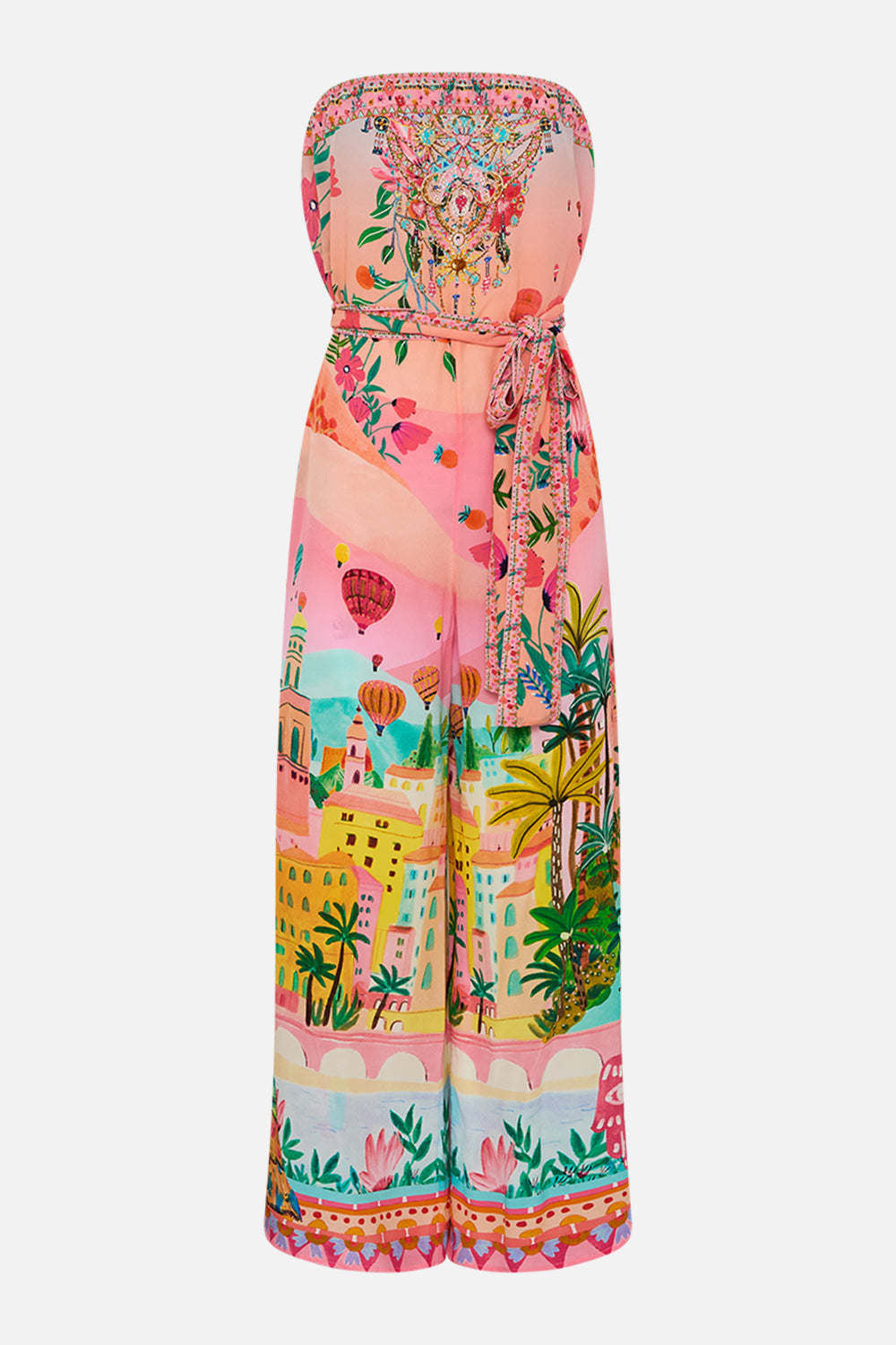 CAMILLA Tie Waist Strapless Jumpsuit in Sister Sunset print. 