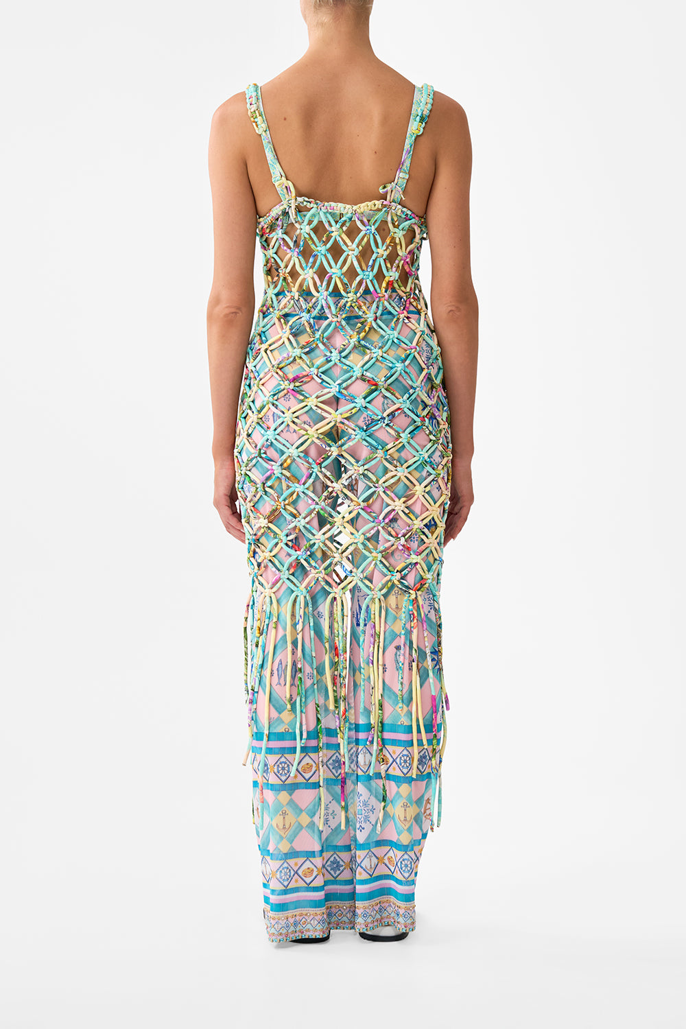 The CAMILLA Macrame Midi Dress in our Just Coasting print.