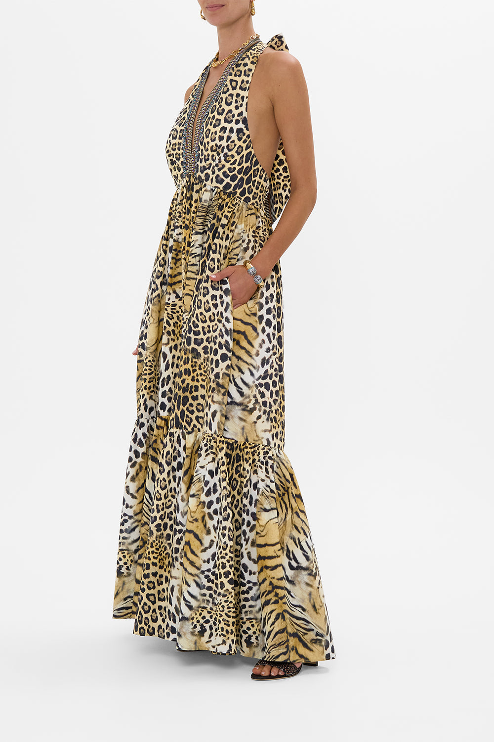 RUFFLE HEM HALTER DRESS JAGUAR