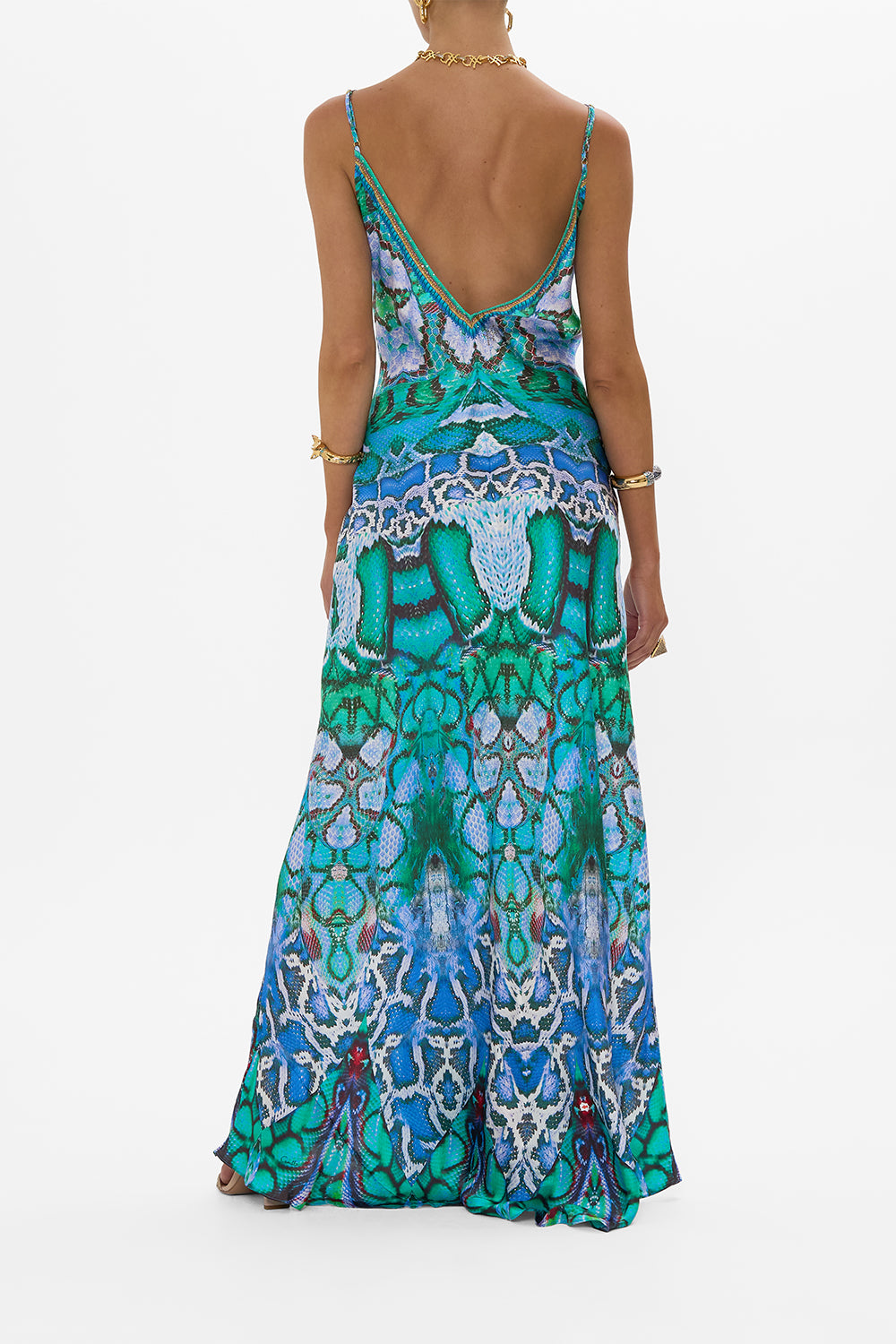 V NECK LONG BIAS SLIP DRESS WITH TRAIN LAND OF WONDER