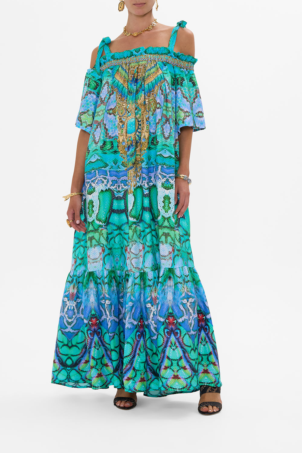 CAMILLA Long Off Shoulder Frill Dress With Straps in Land Of Wonder print