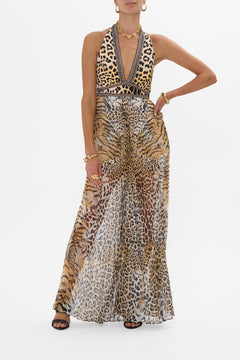 CAMILLA Tie Neck Halter Jumpsuit in Jaguar print