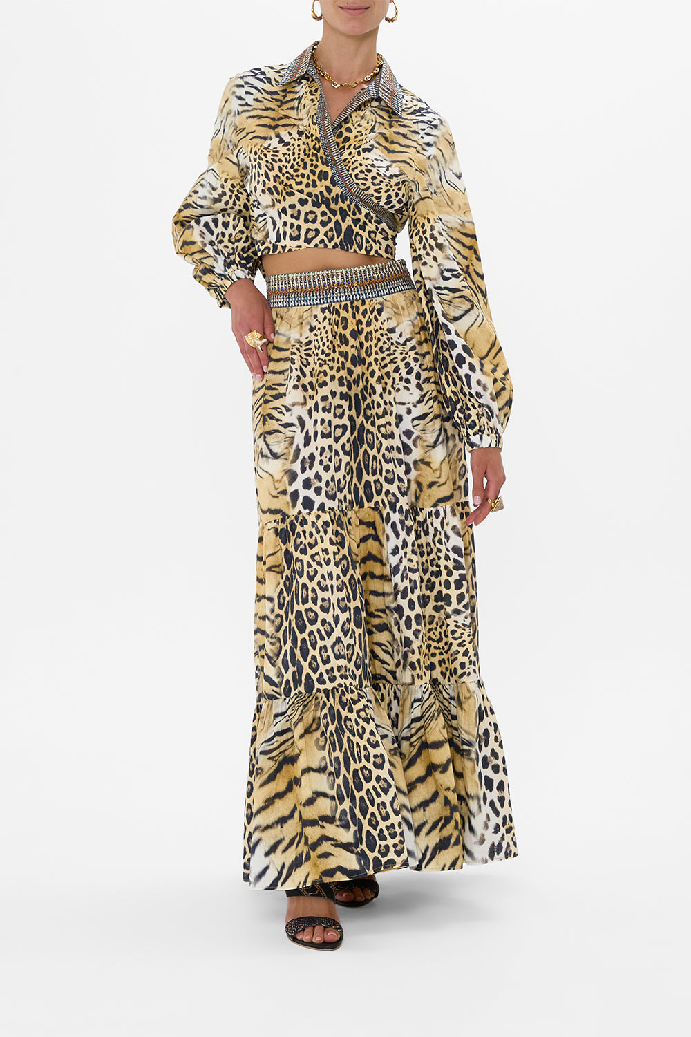 CAMILLA High Waisted Tiered Skirt in Jaguar print