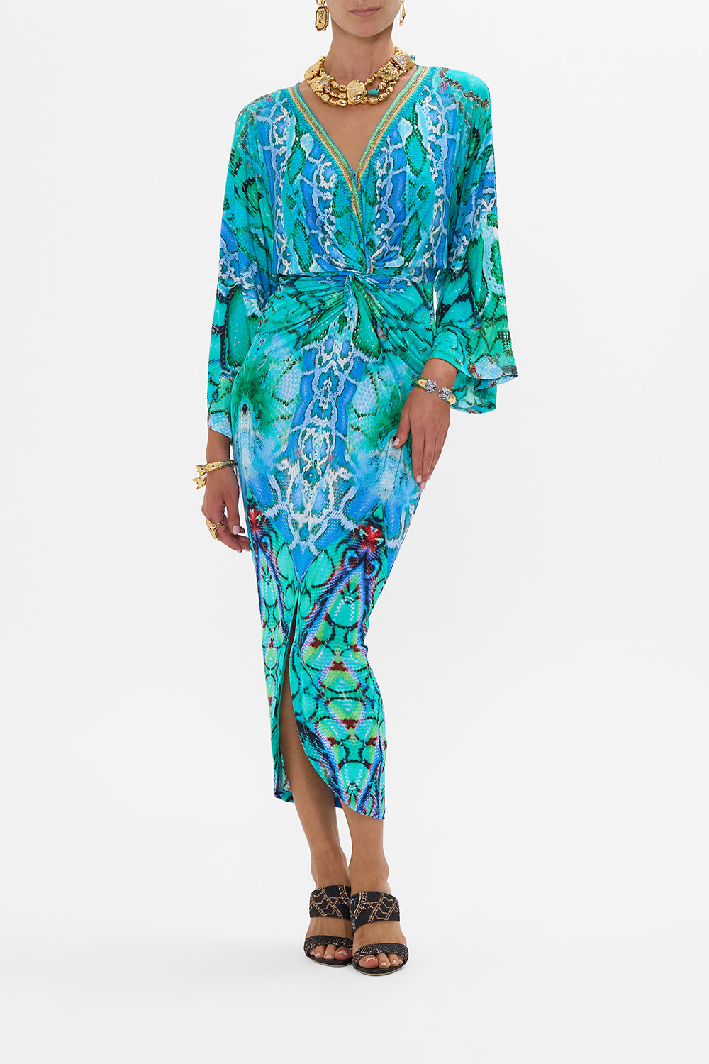 CAMILLA Long Split Front Twist Dress in Land Of Wonder print