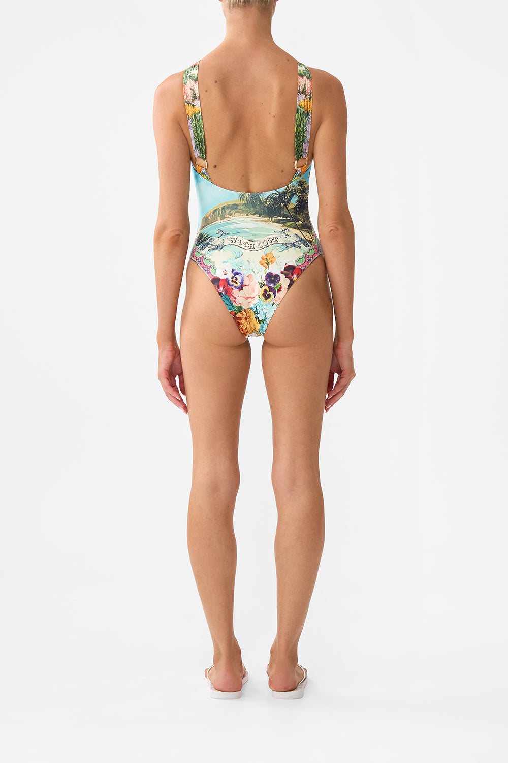 The CAMILLA Diamond Neck Thick Strap One Piece W Rings in our Bathing Bombshell print.