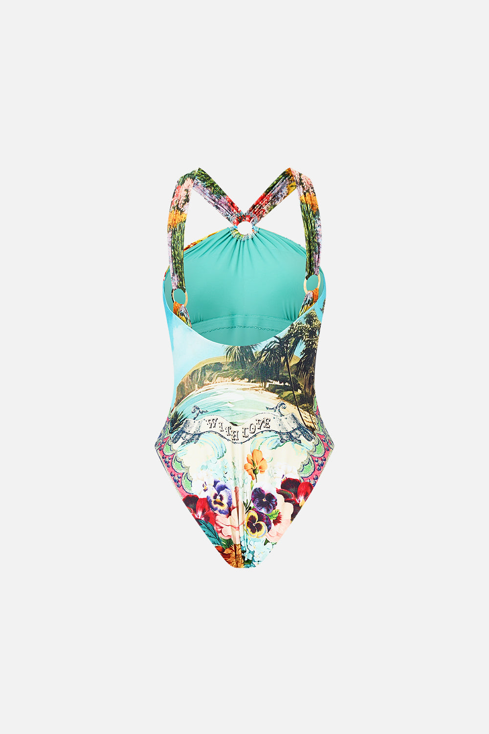 The CAMILLA Diamond Neck Thick Strap One Piece W Rings in our Bathing Bombshell print.
