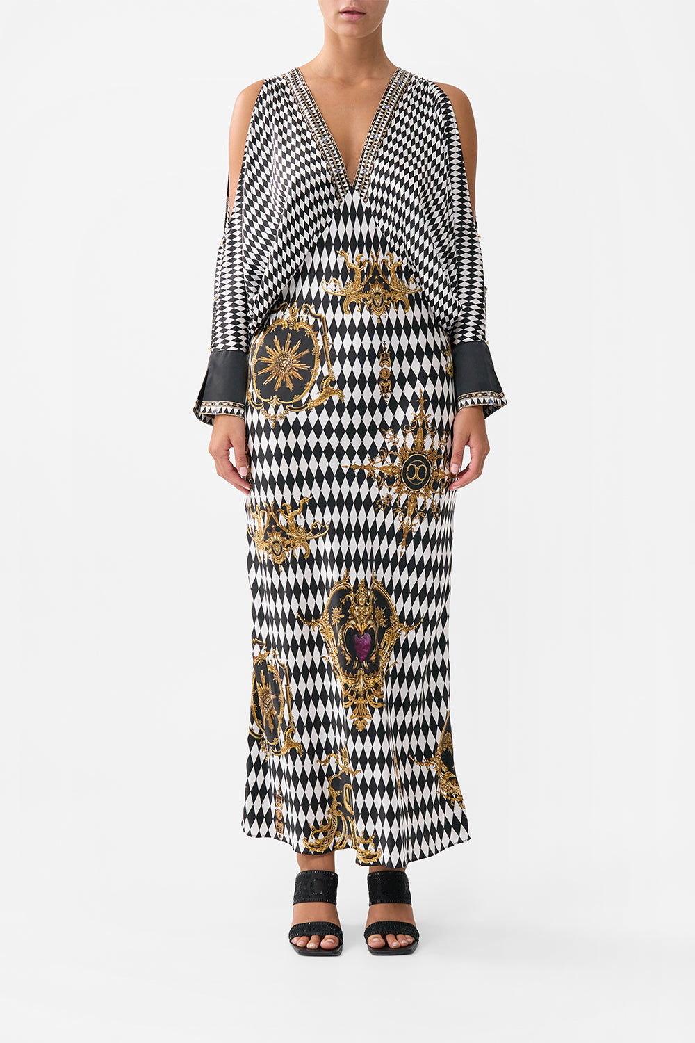 PLUNGE NECK DRAPED SHOULDER DRESS MONARCHY MANIA