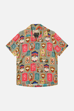 The CAMILLA Boys Short Sleeve Camp Collared Shirt 4-10 in our Aromatic Tiger Flower print.