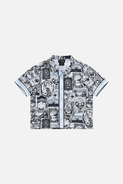 The CAMILLA Boys Short Sleeve Cabana Shirt 4-10 in our Flower Showers print.