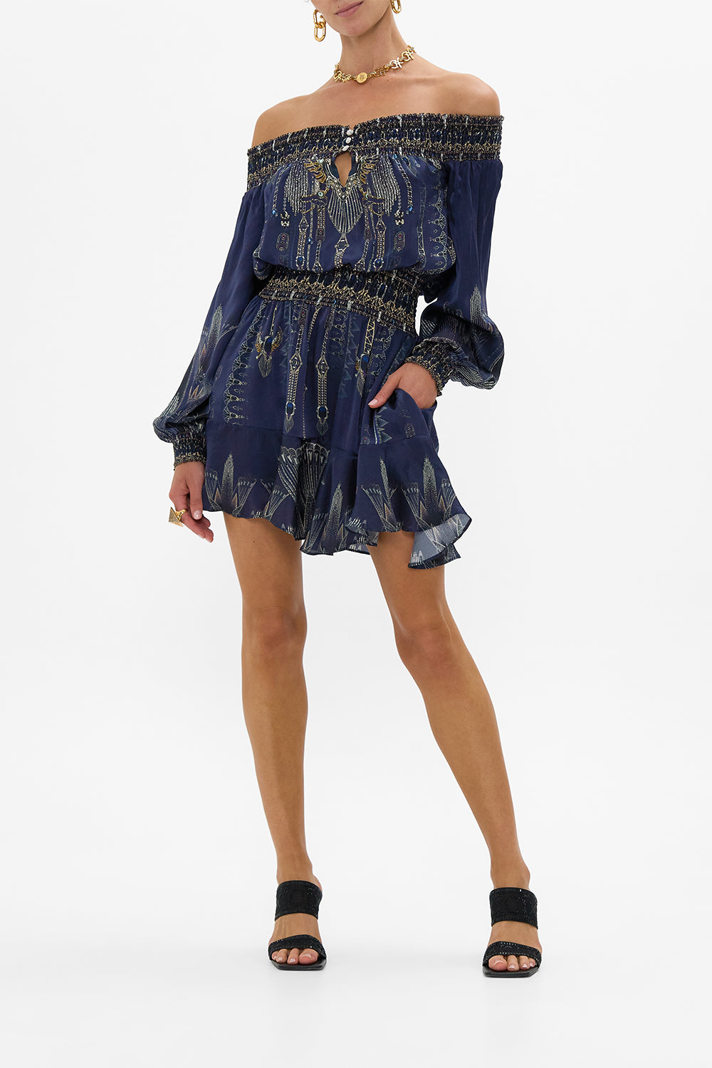CAMILLA Off Shoulder Short Dress in The Egypt Effect print