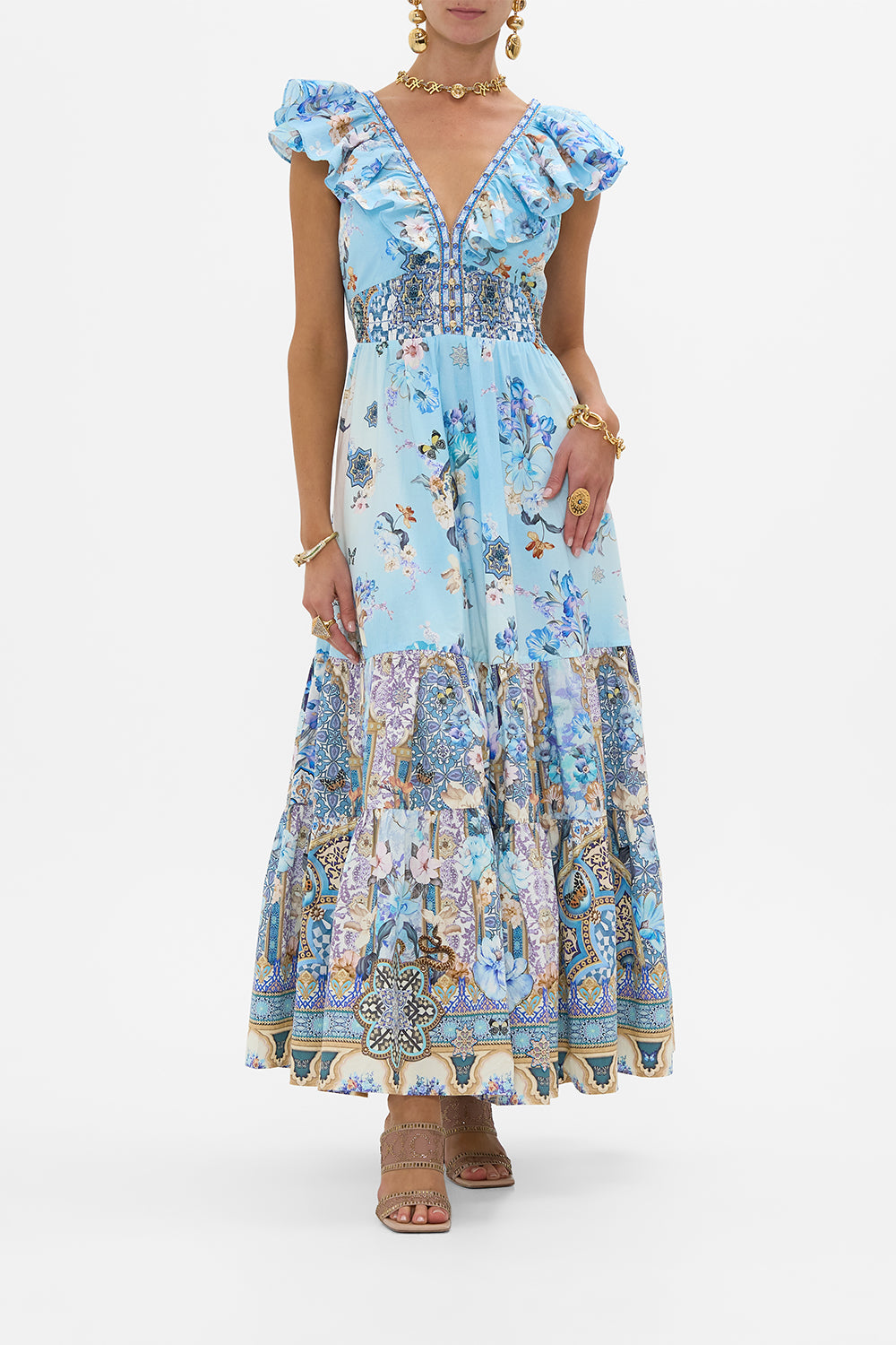 CAMILLA Tiered Dress With Neck Frill in Al Manial Palace Memoirs print