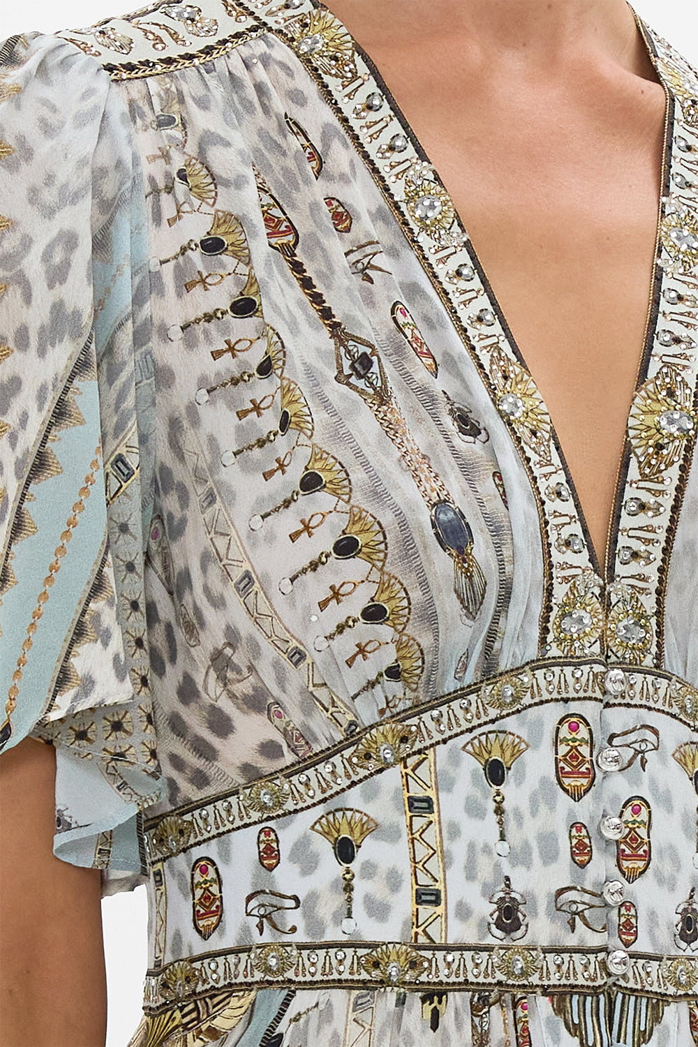 SHAPED WAISTBAND DRESS WITH FLUTTER SLEEVES SAHARA STARLET