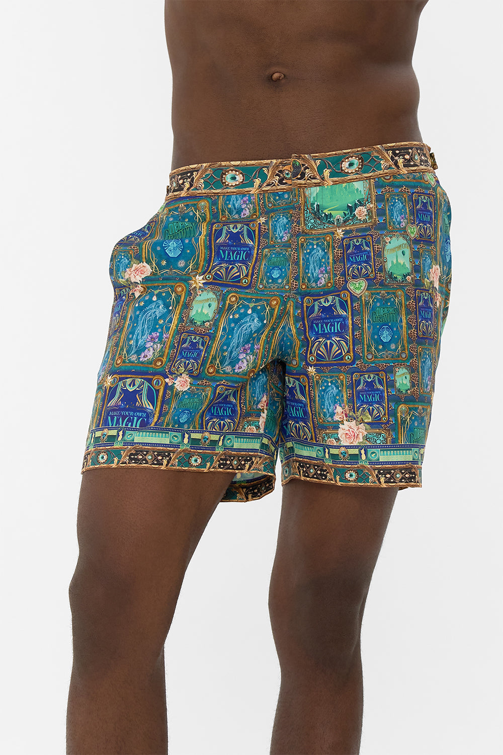 CAMILLA Green/Black Mid Length Swim Short in Defy Gravity Print.