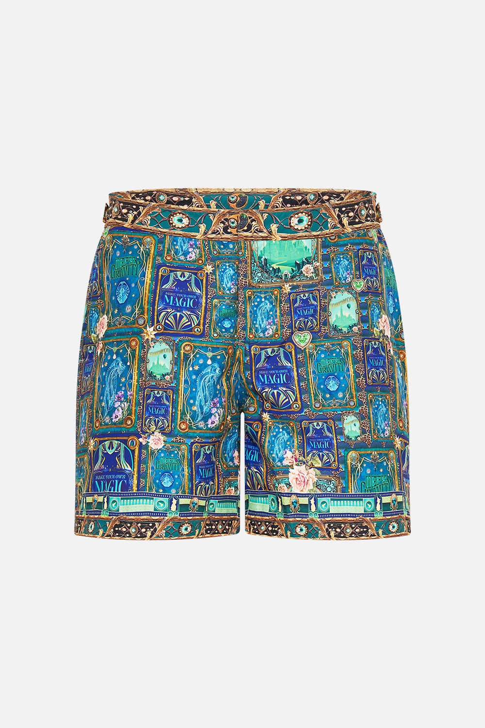 CAMILLA Green/Black Mid Length Swim Short in Defy Gravity Print.