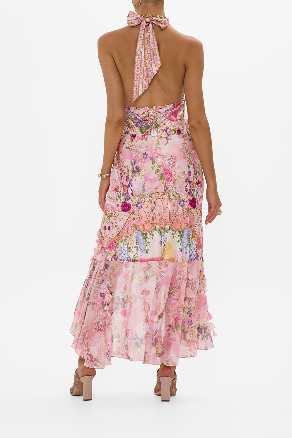 CAMILLA Bias Halter Dress with Ruffle Hem in Totally Ozmopolitan Print.