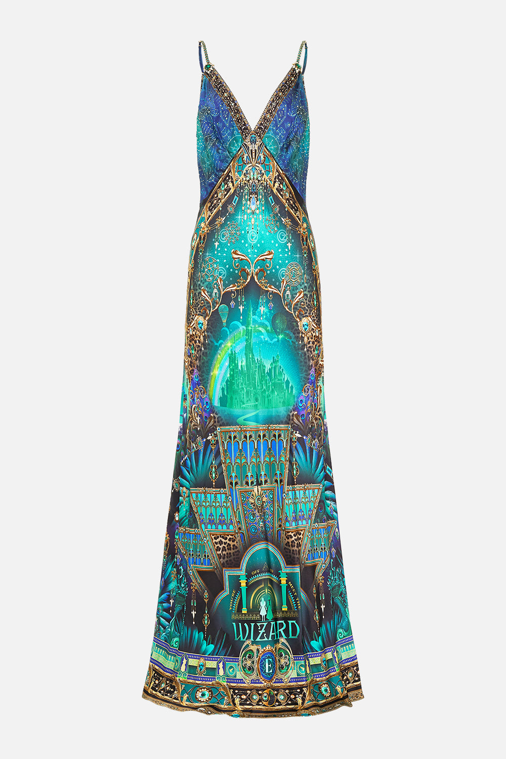 CAMILLA Green/Black V Neck Long Bias Slip Dress With Train in Defy Gravity Print.