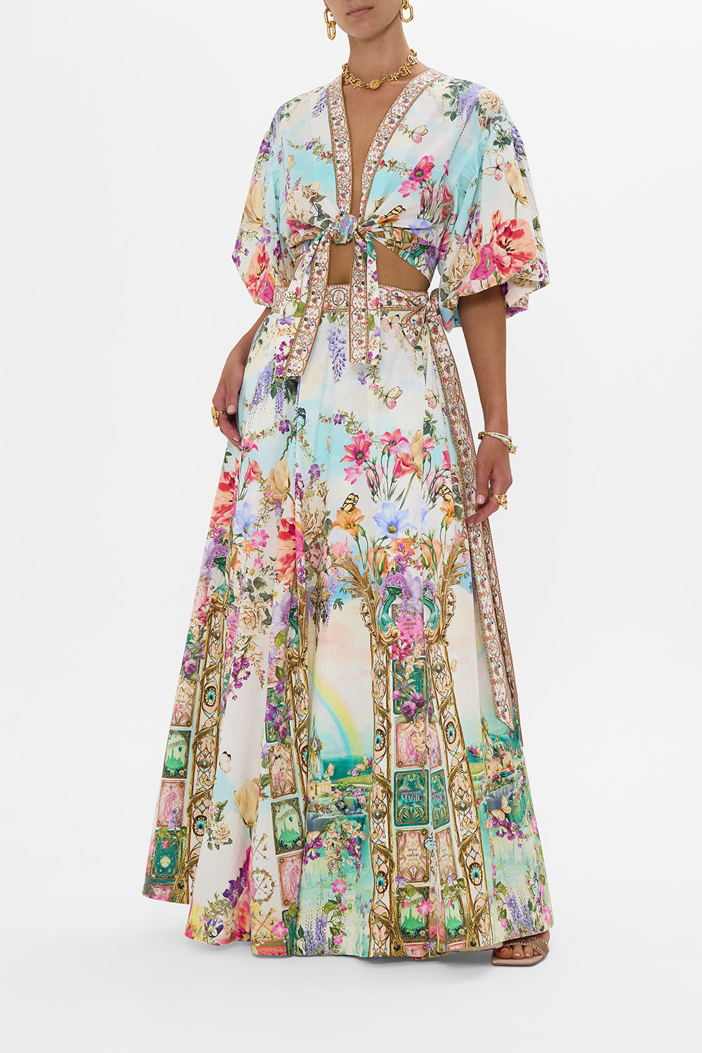 CAMILLA Tie Front Puff Sleeve Top in Munchkinland print