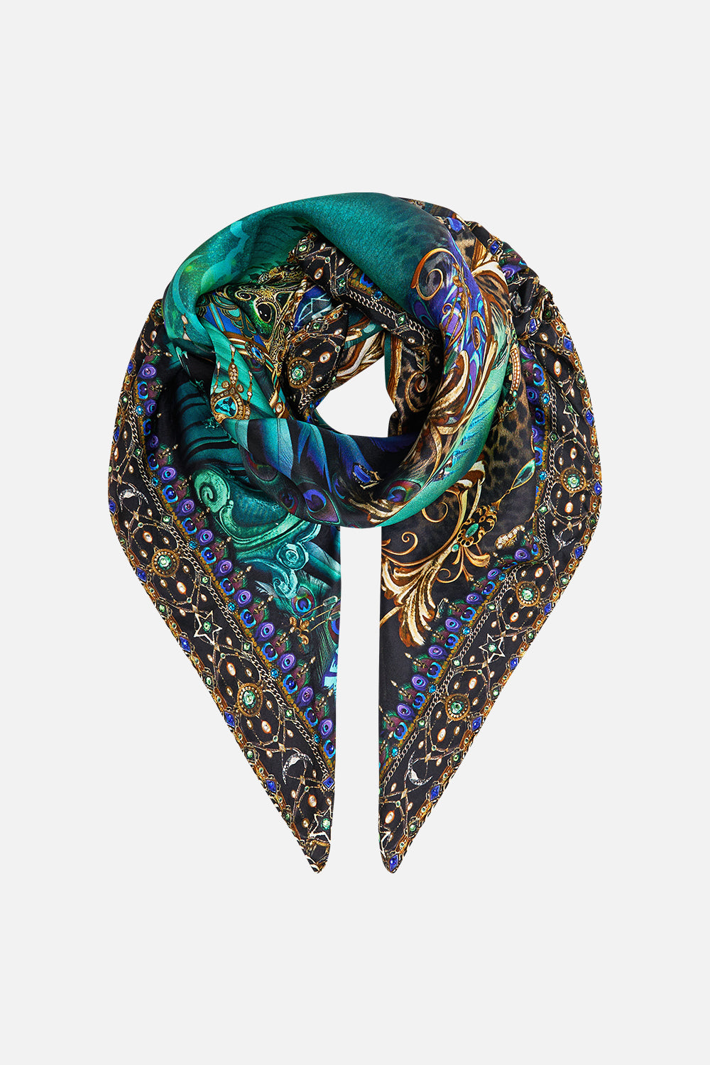 CAMILLA Green/Black Large Square Scarf in Defy Gravity Print.