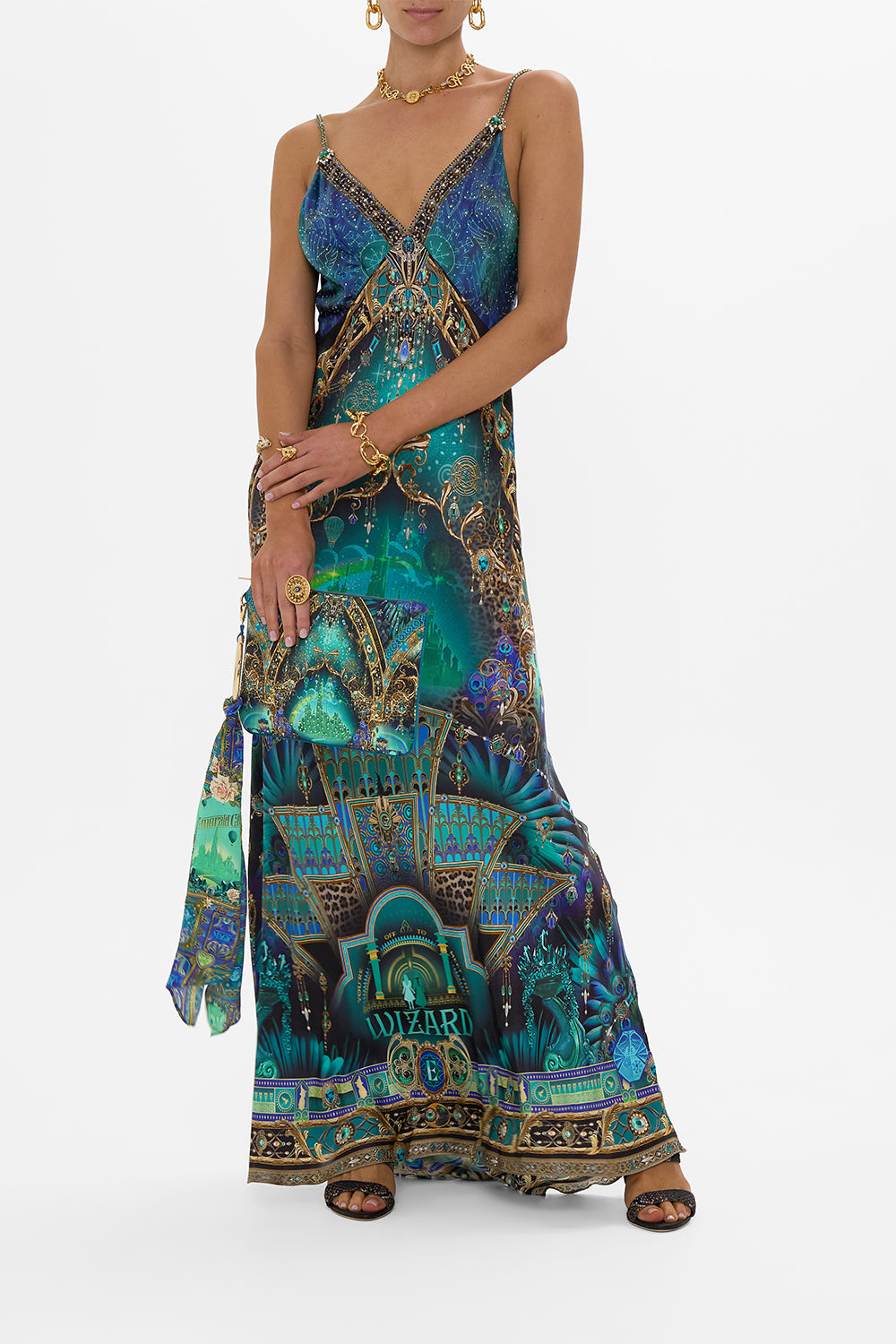 CAMILLA Green/Black V Neck Long Bias Slip Dress With Train in Defy Gravity Print.