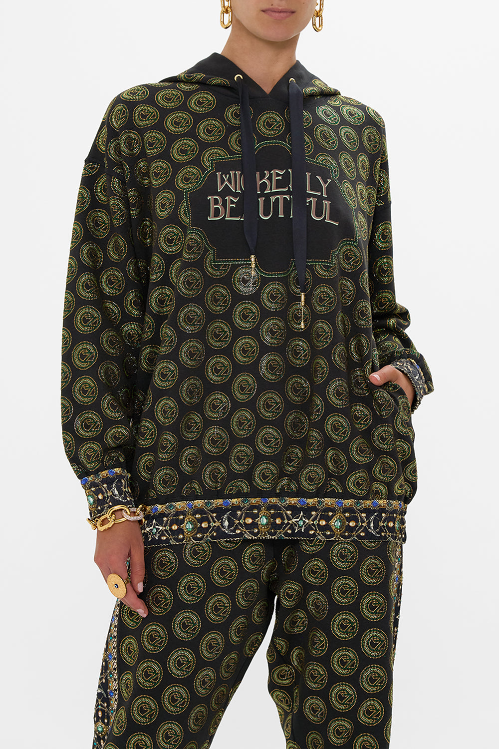 CAMILLA Green/Black Silk Band Oversized Hoodie With Pockets in Defy Gravity Print