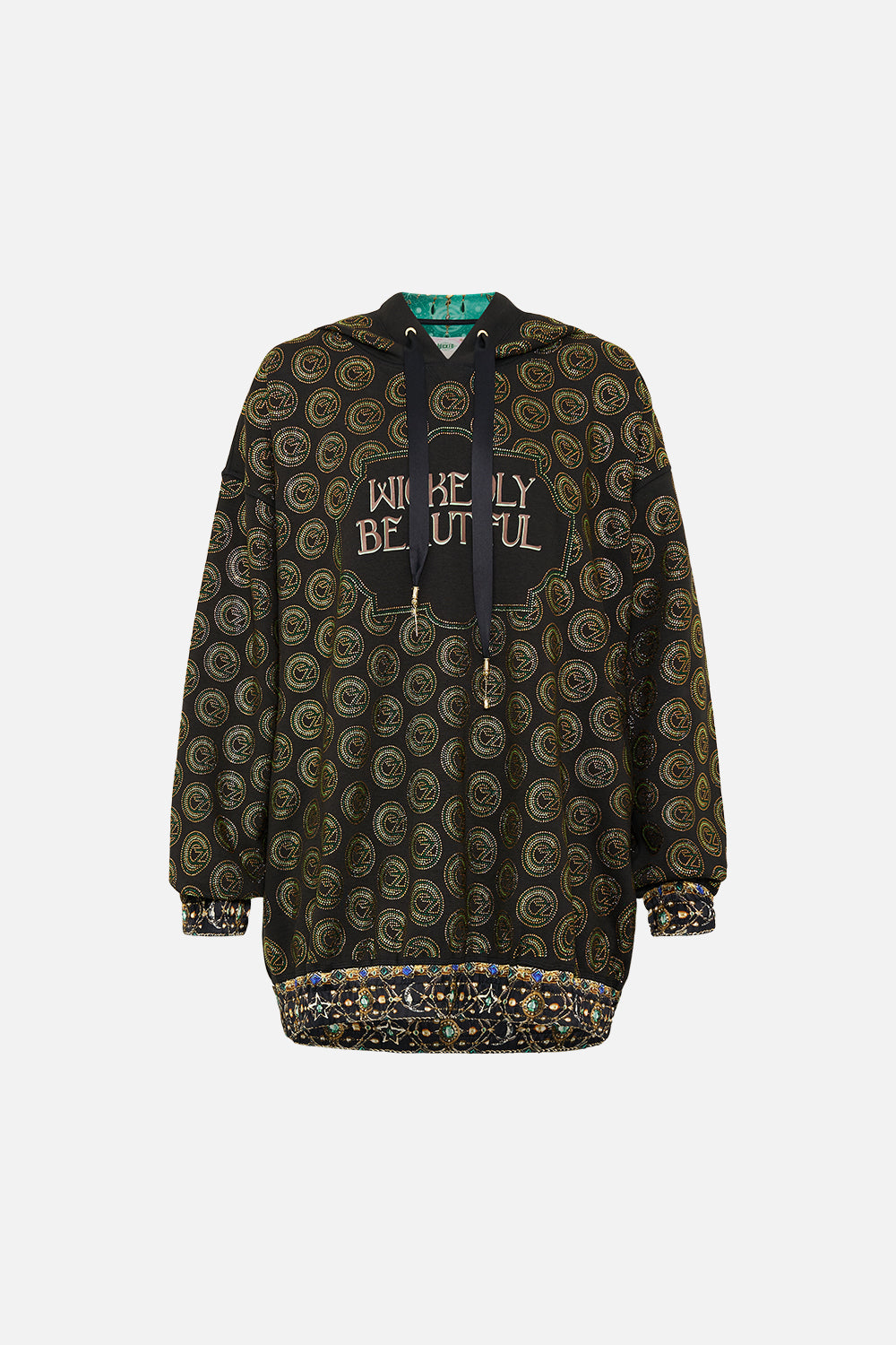 CAMILLA Green/Black Silk Band Oversized Hoodie With Pockets in Defy Gravity Print