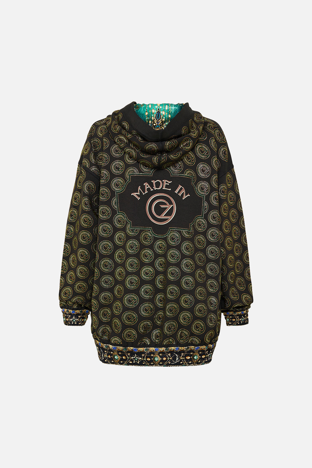 CAMILLA Green/Black Silk Band Oversized Hoodie With Pockets in Defy Gravity Print
