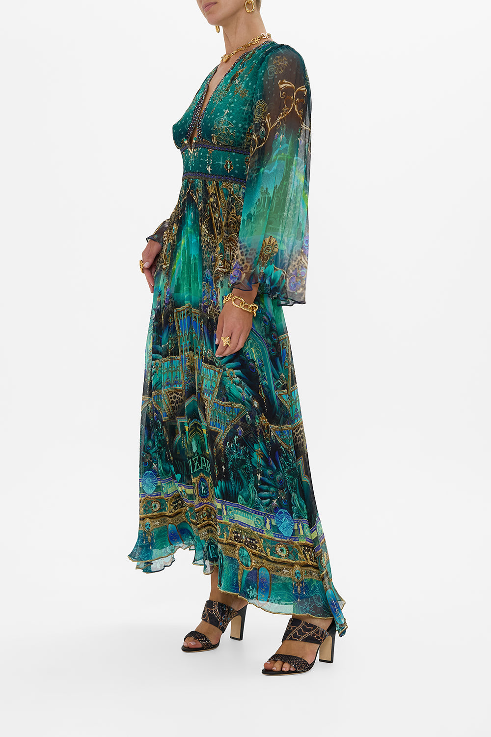 CAMILLA Green/Black Hardware Detail Long Sleeve Dress in Defy Gravity Print. 