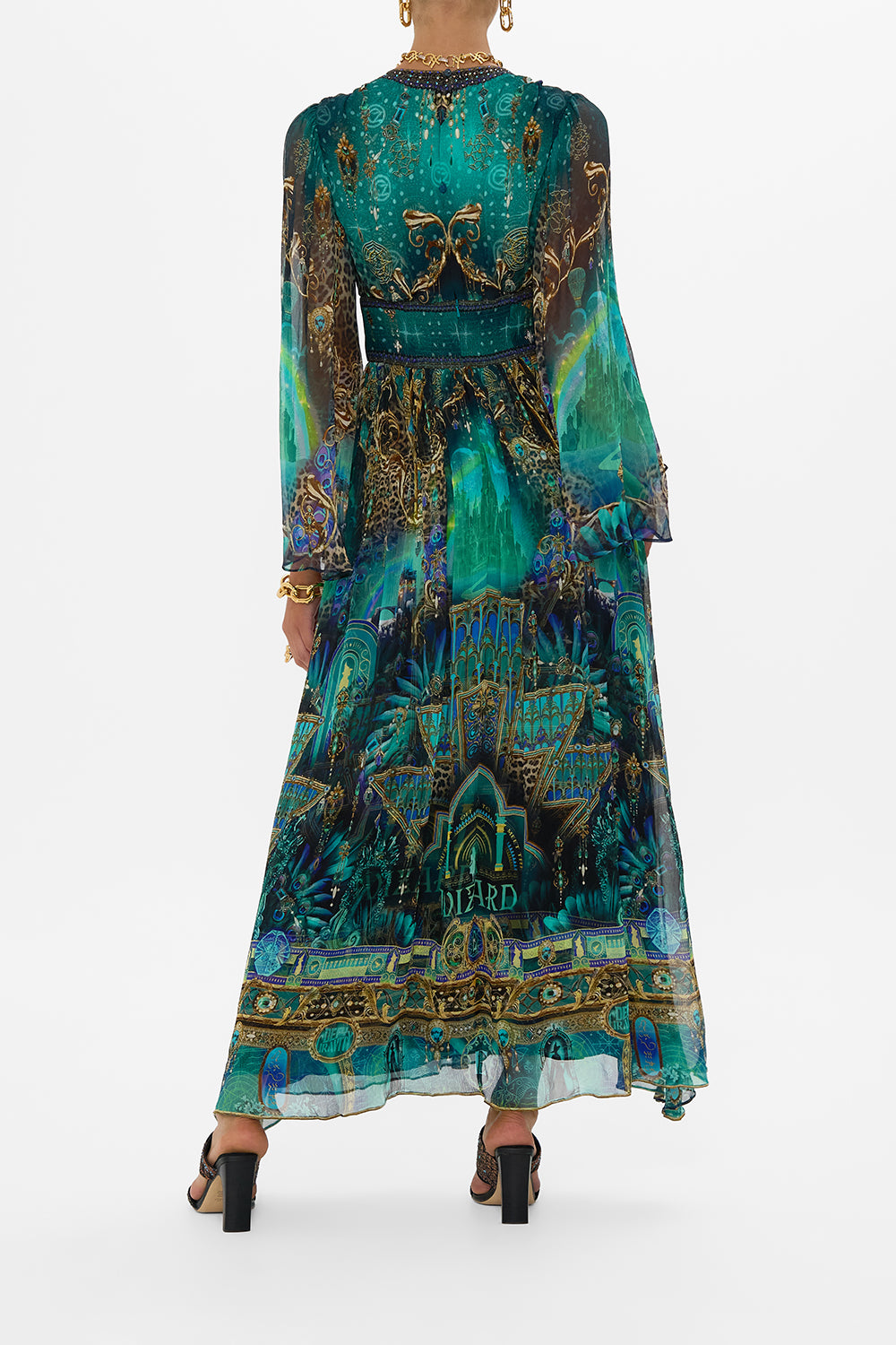 CAMILLA Green/Black Hardware Detail Long Sleeve Dress in Defy Gravity Print. 