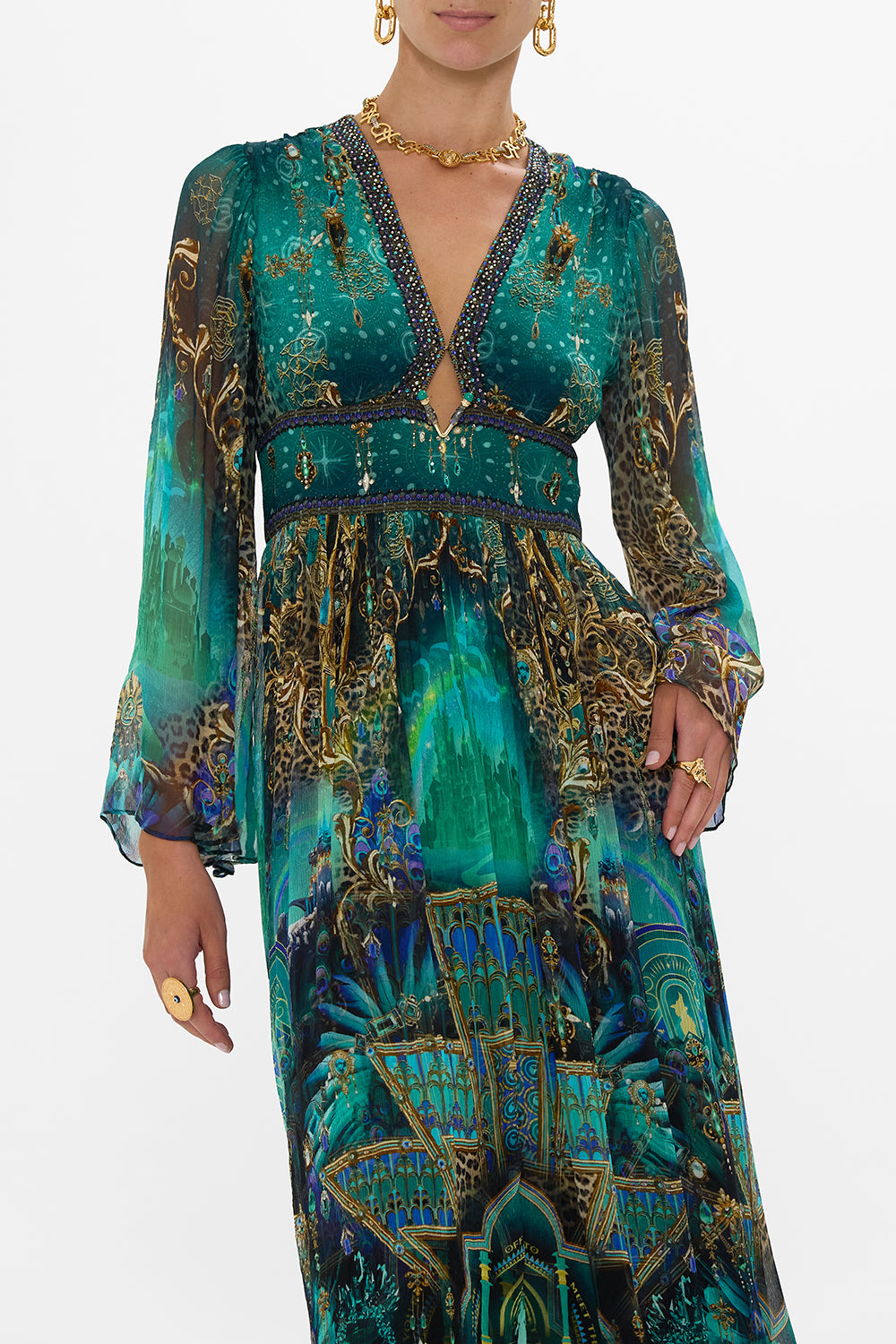CAMILLA Green/Black Hardware Detail Long Sleeve Dress in Defy Gravity Print. 