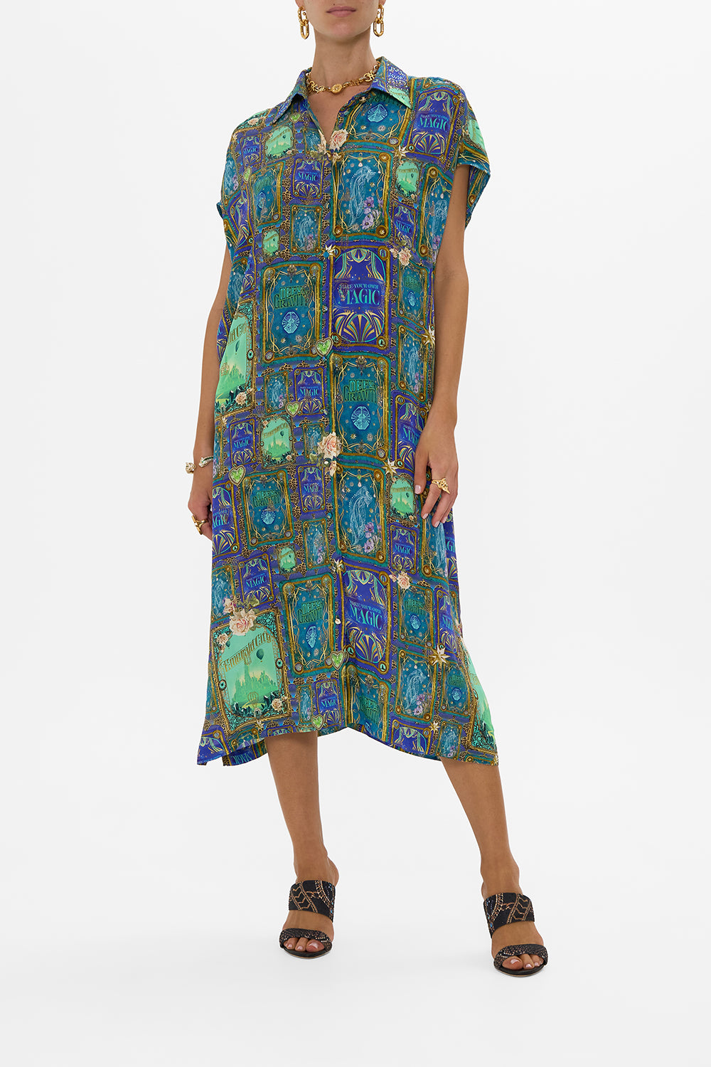 CAMILLA Green/Black Sleeveless Shirtdress in Defy Gravity Print