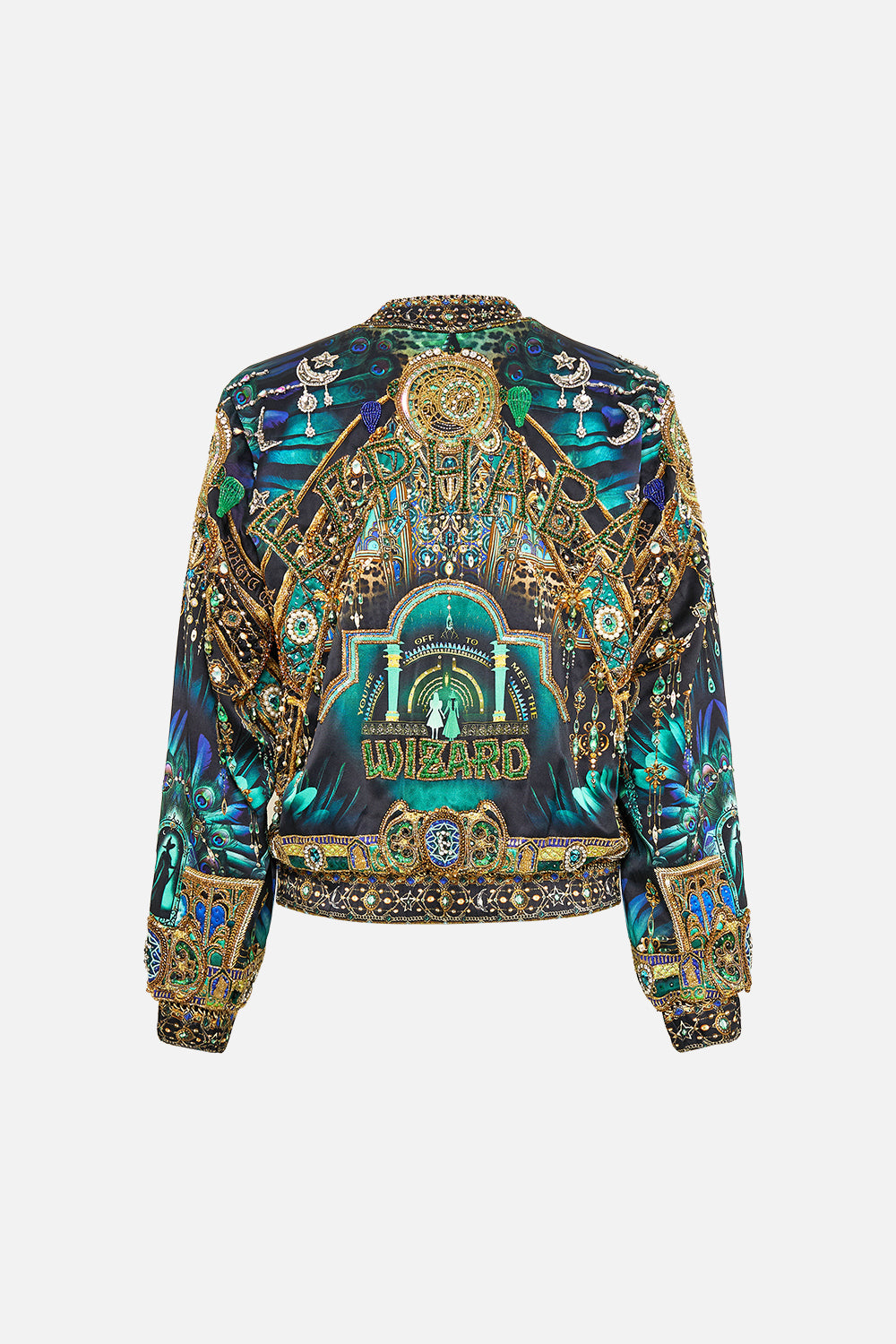 CAMILLA Green/Black Bomber Jacket in Defy Gravity Print