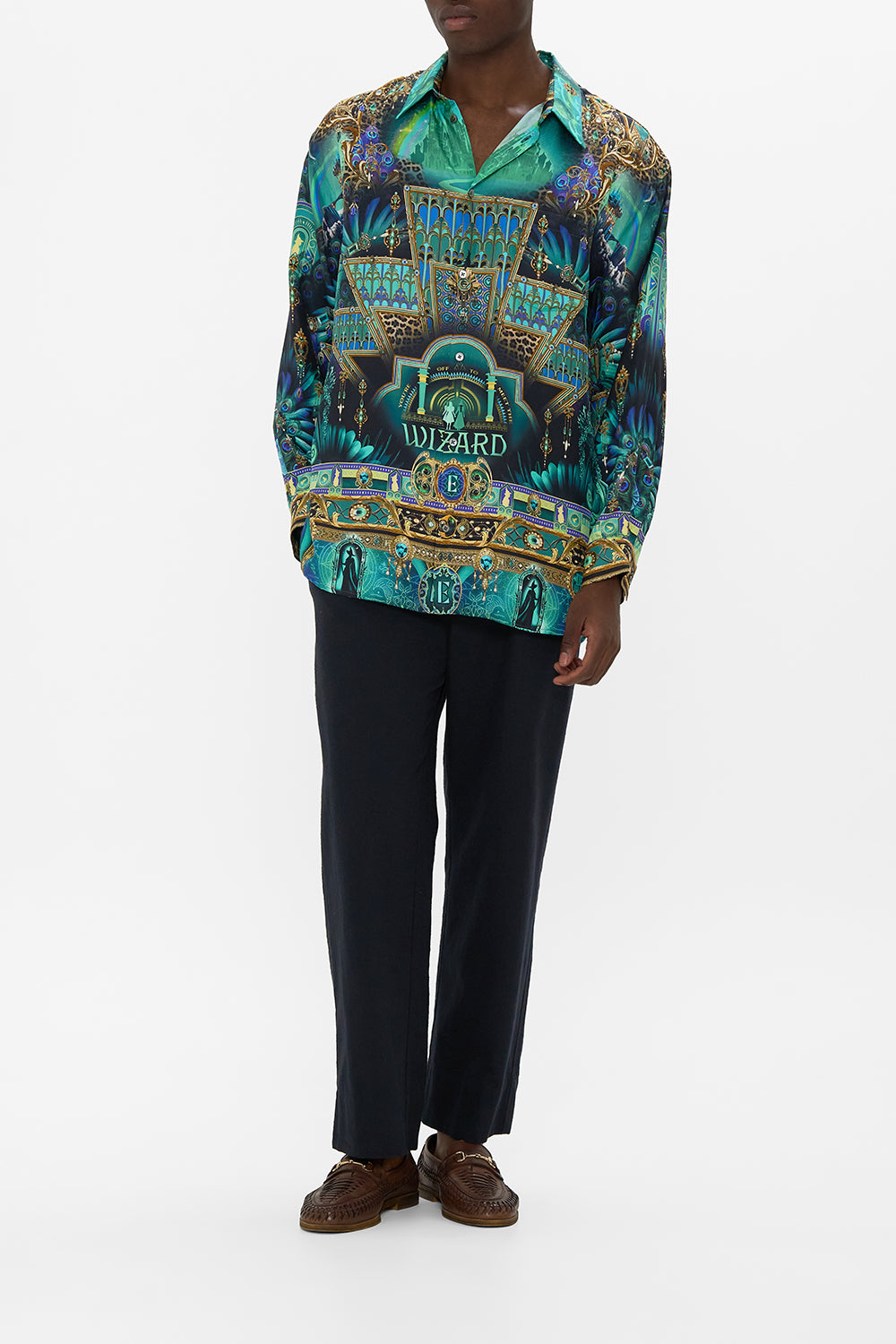 CAMILLA Green/Black Green/Black Oversized Shirt in Defy Gravity print. 